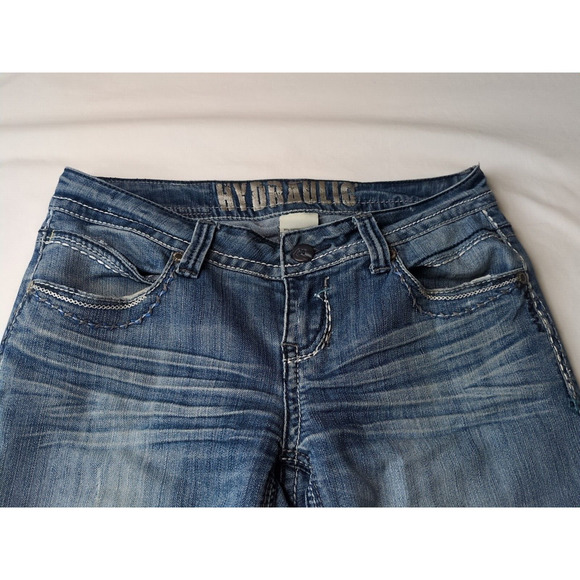 Hydraulic Jeans Capri Stretch Women's SZ 5/6‎ Blue Denim Distressed Thick Stitch - Picture 2 of 8